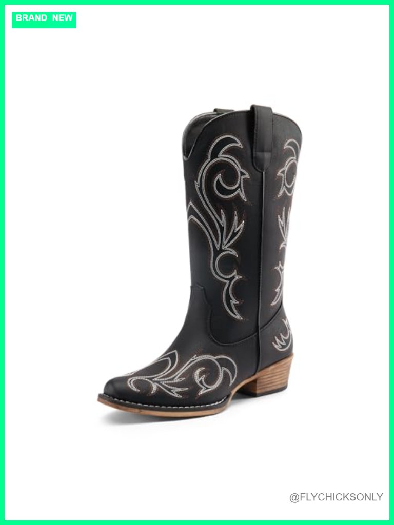 Mid Calf Cowboy Boots Square Toe Chunky Heel Embroidered Western Boots